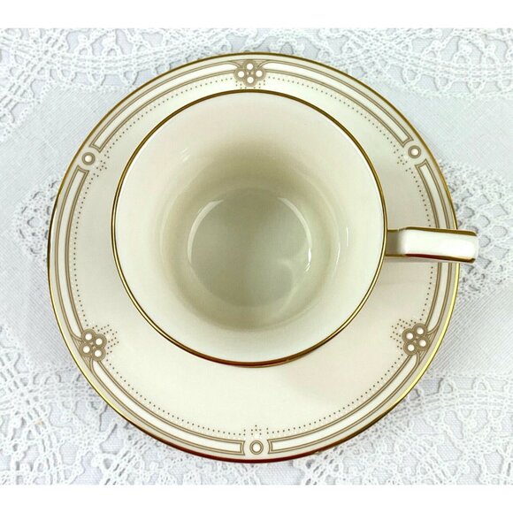 Noritake Satin Gown 6 Flat Cup & Saucer Cream Gold Trim Embossed White Dots - Picture 6 of 12